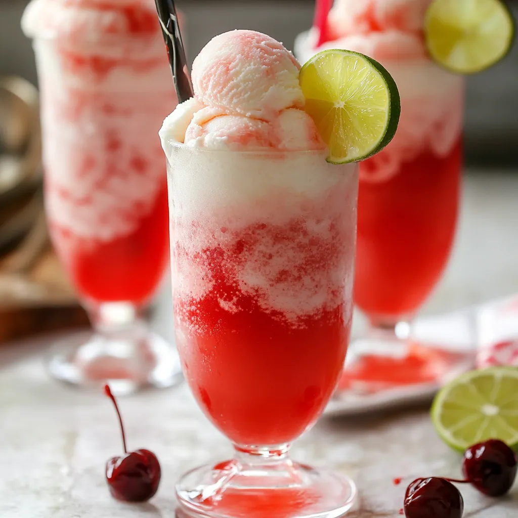 Cherry and lime flavored drinks in glasses.