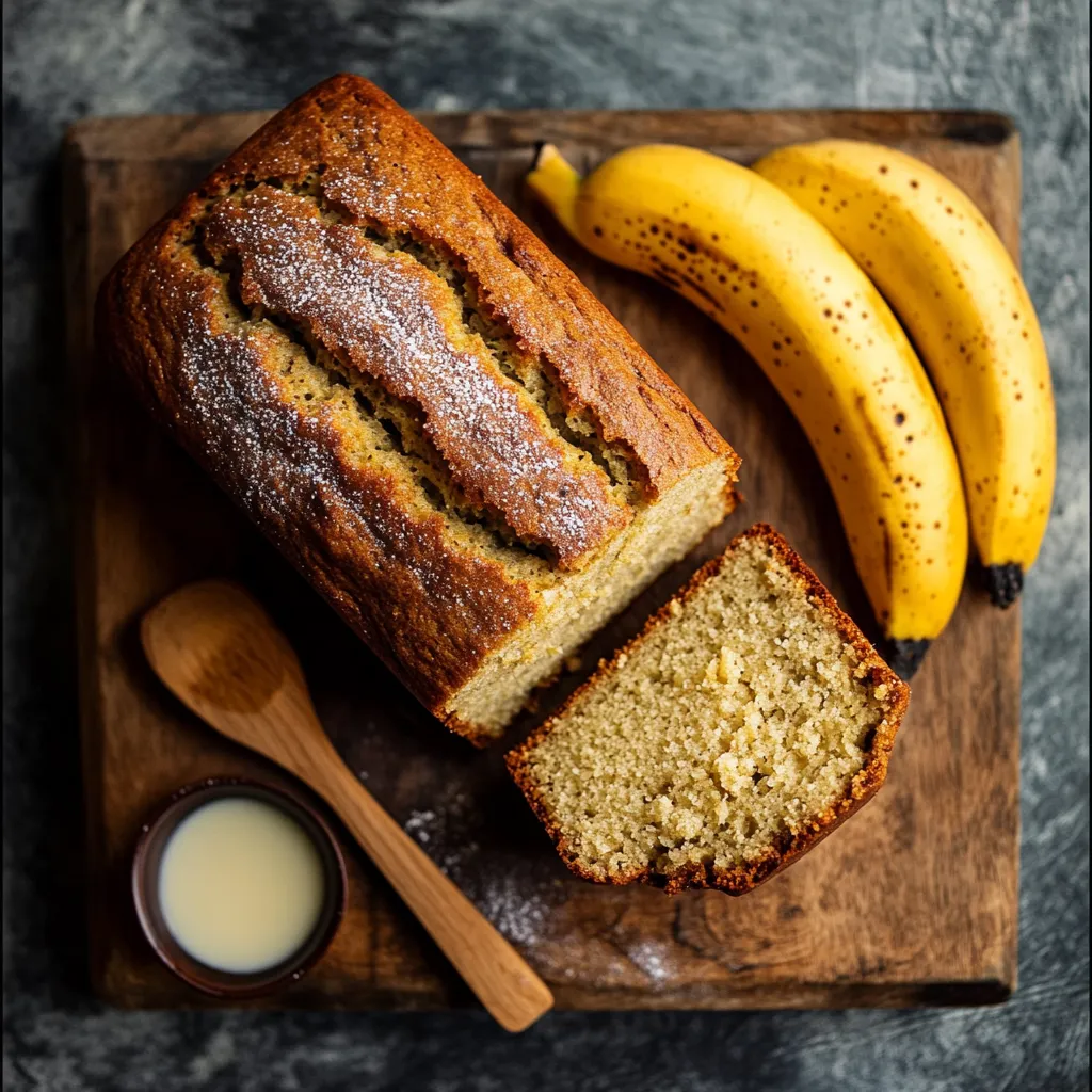 A loaf of bread with bananas on a table.