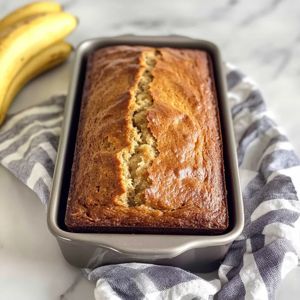 A loaf of banana bread sits in a pan on a table.