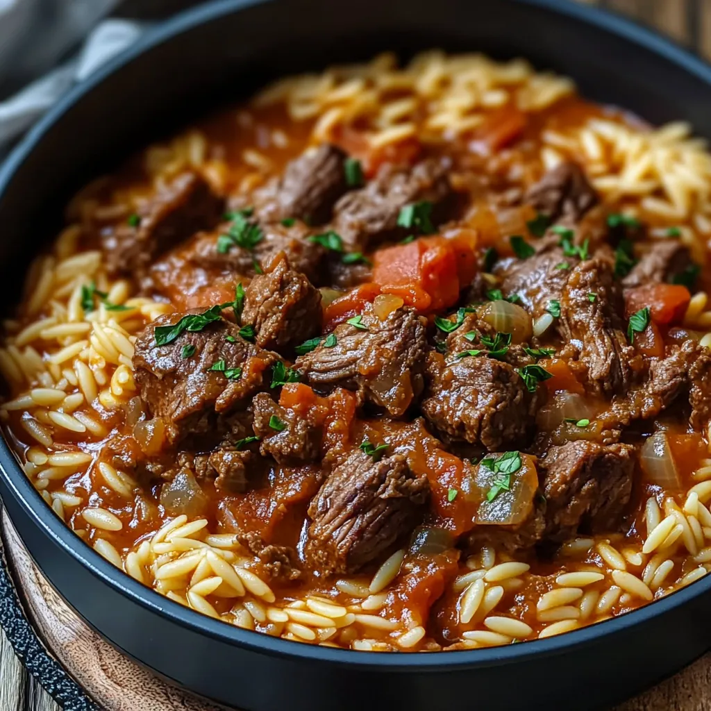 A bowl of beef stew with tomatoes, onions, and herbs.