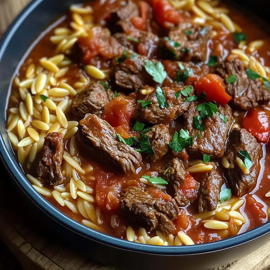 A bowl of beef stew with noodles and tomatoes.