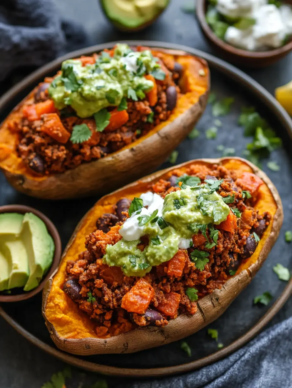 Two baked sweet potatoes filled with a delicious mixture of meat, beans, and cheese.