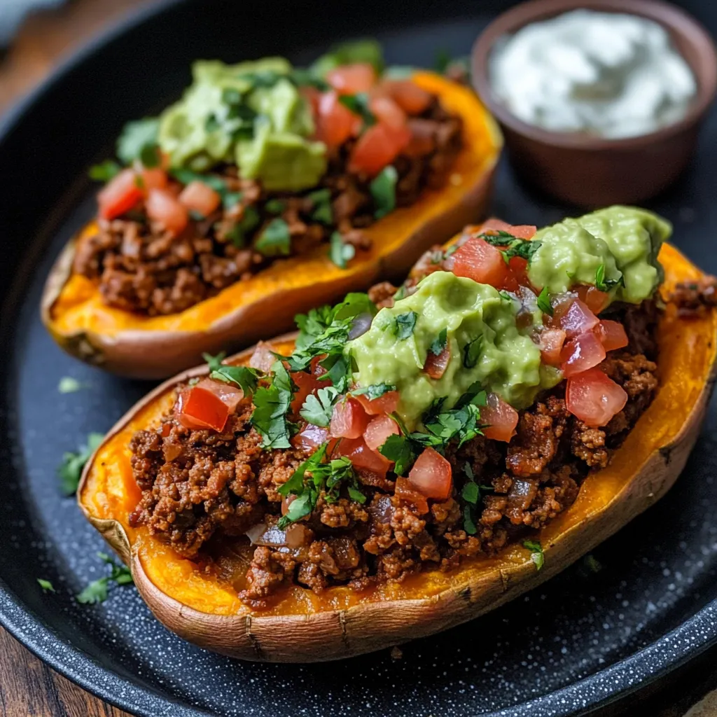 Two slices of pumpkin filled with meat and topped with guacamole and salsa.