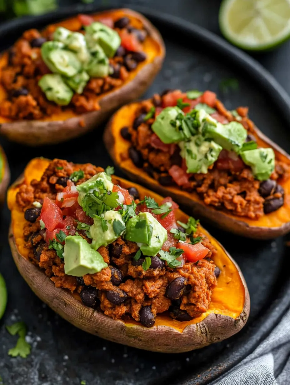 A plate of food with a variety of ingredients, including beans, tomatoes, and avocado, is presented on a black surface.