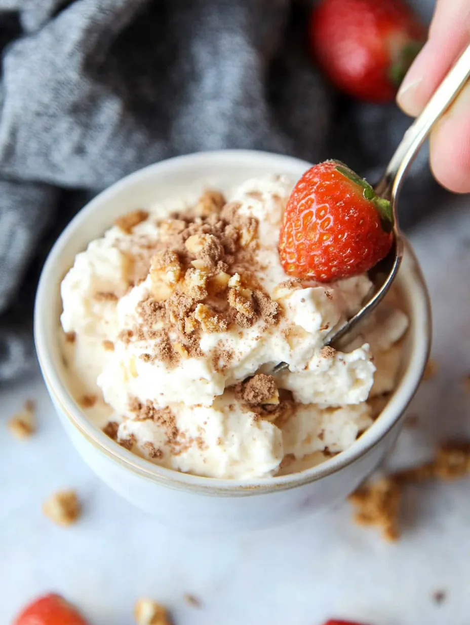 A person is eating a bowl of ice cream with strawberries on top.