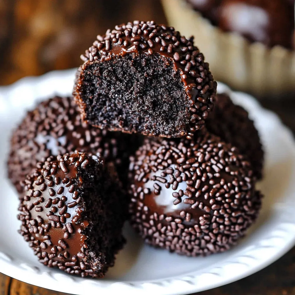 A plate of chocolate cake balls with sprinkles on a table.