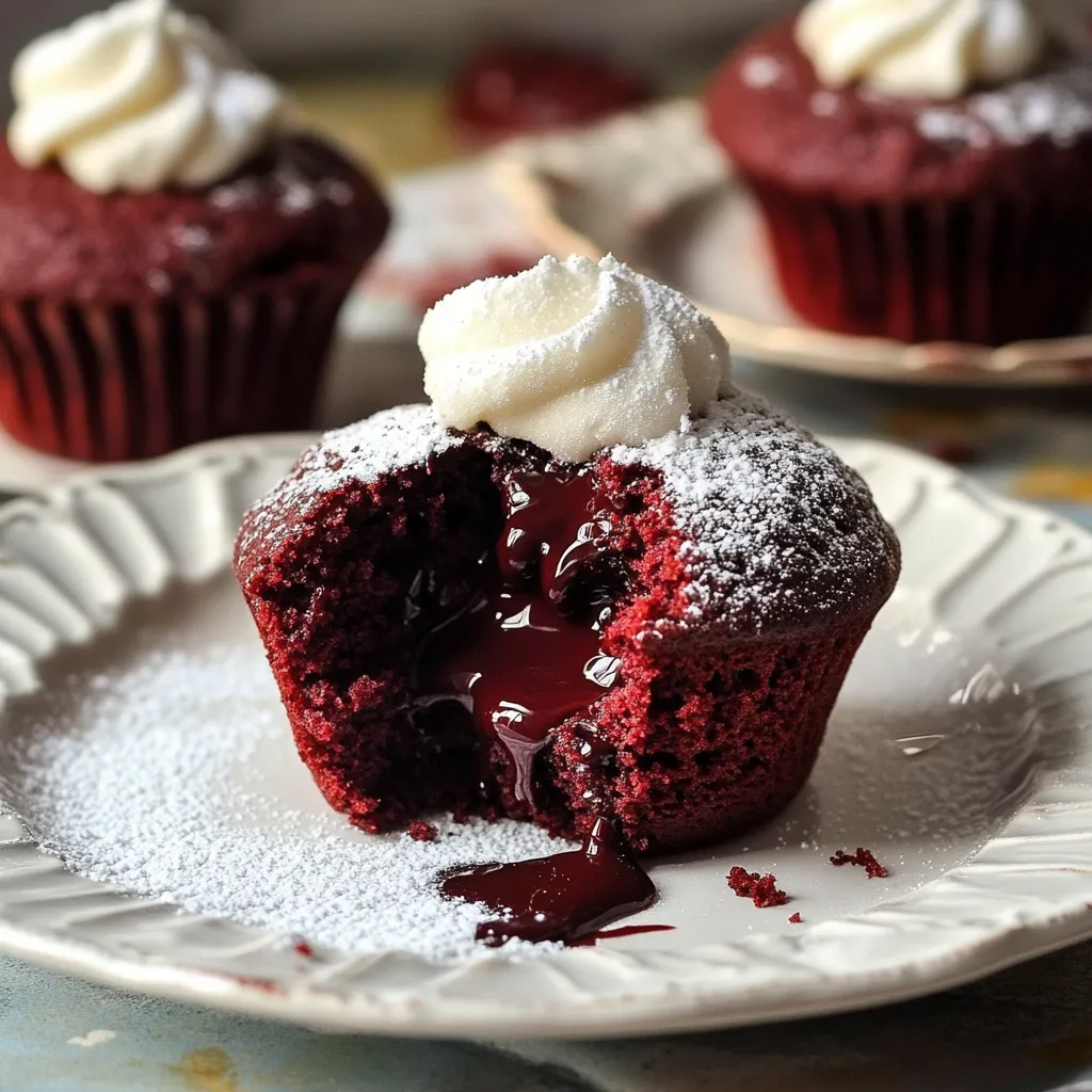 A red velvet cupcake with white frosting and chocolate drizzle.