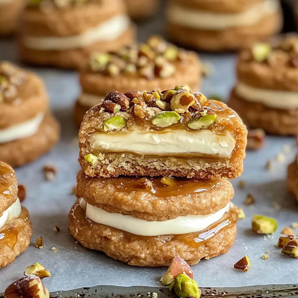 A close-up of a decadent nut-filled cookie with a creamy center, finished with caramel and nuts.