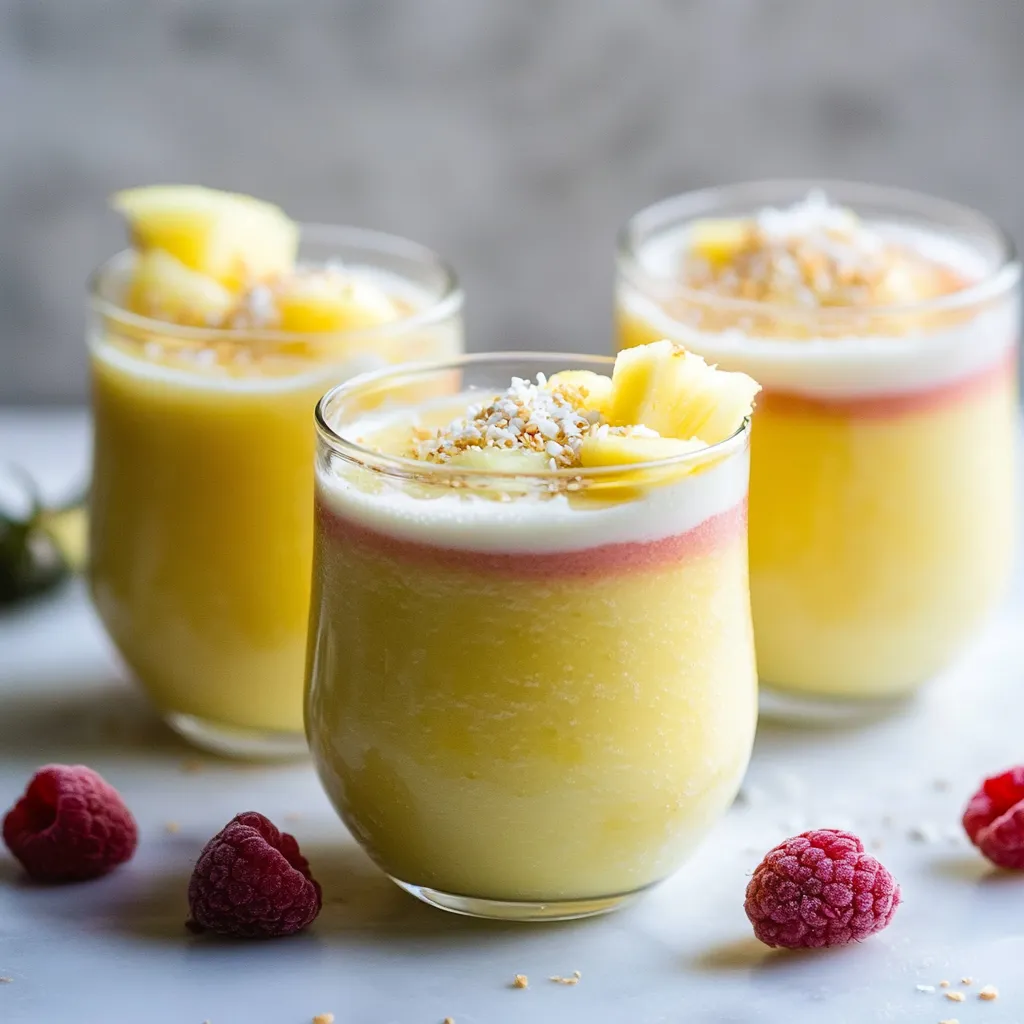 Three glasses of pineapple yogurt are placed on a table.