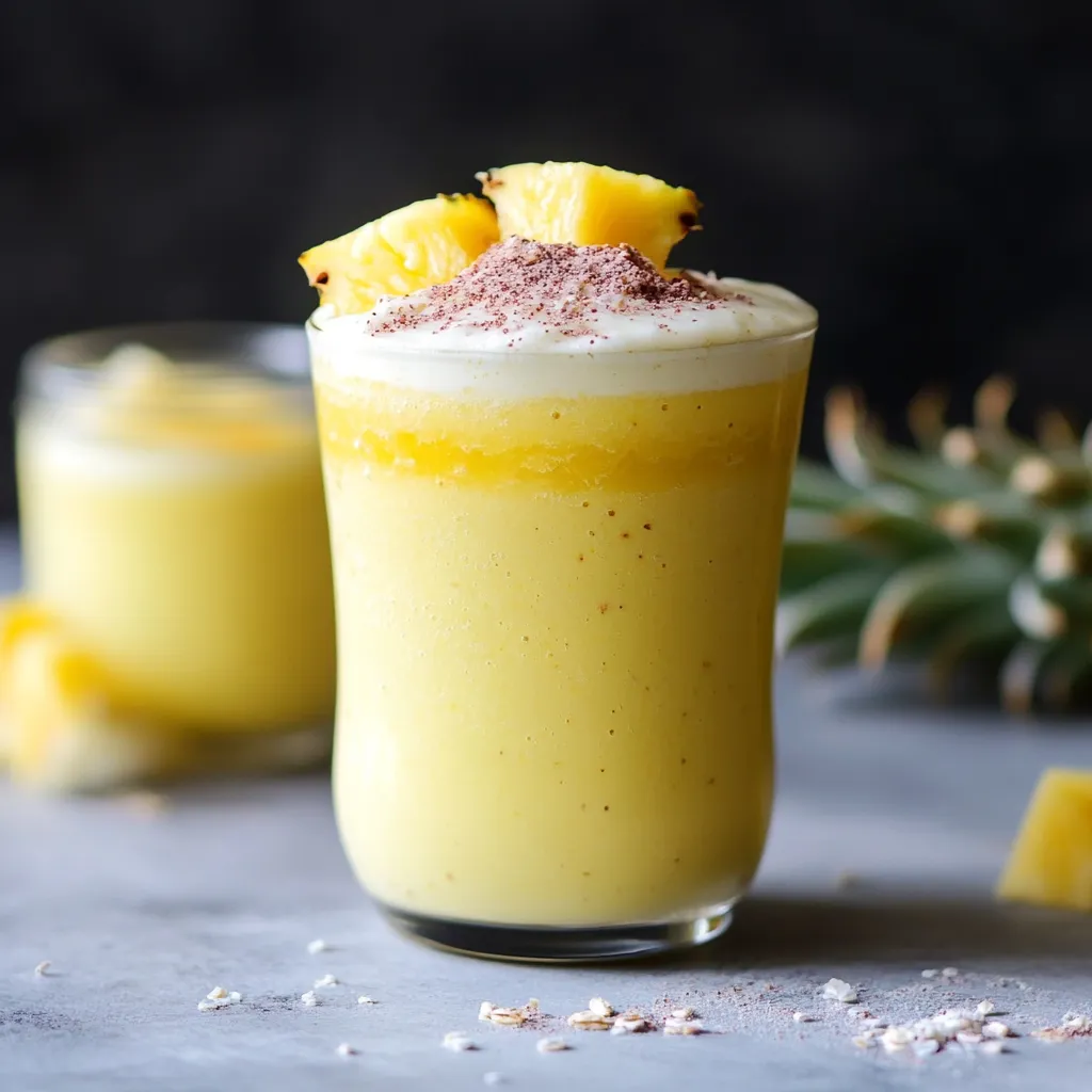 A glass of pineapple juice with a sprinkle of coconut on top.