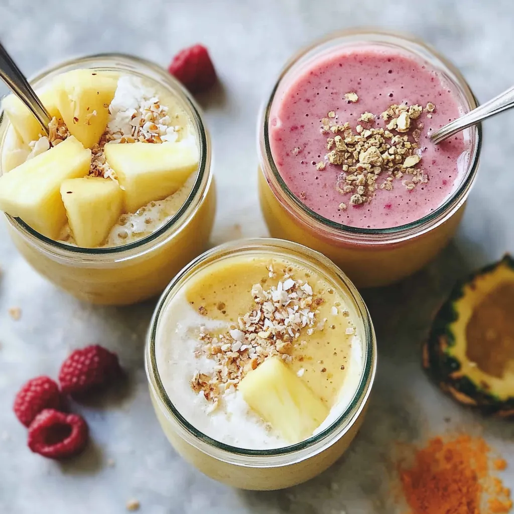 Three glasses of fruit juice are placed on a table, with a spoon in each glass.