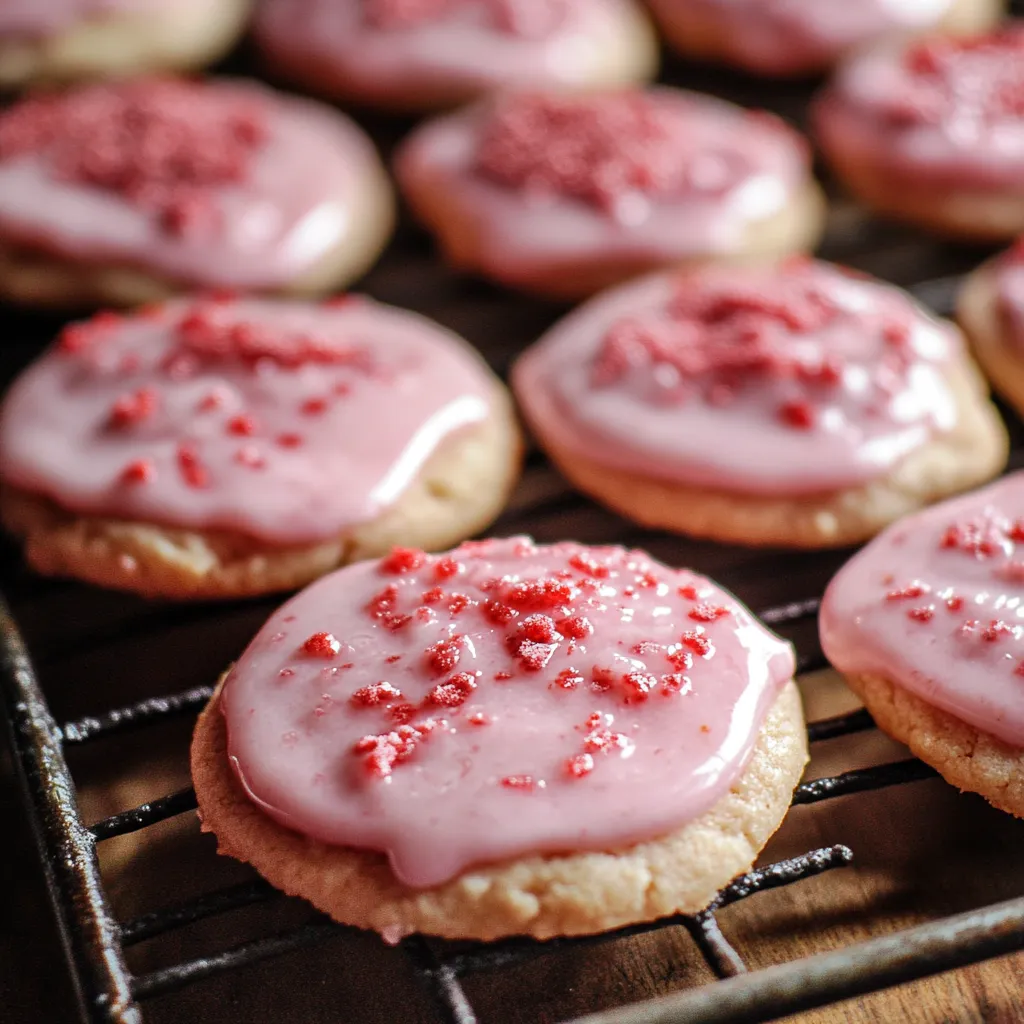 A plate of pink frosted cookies with festive red sprinkles.