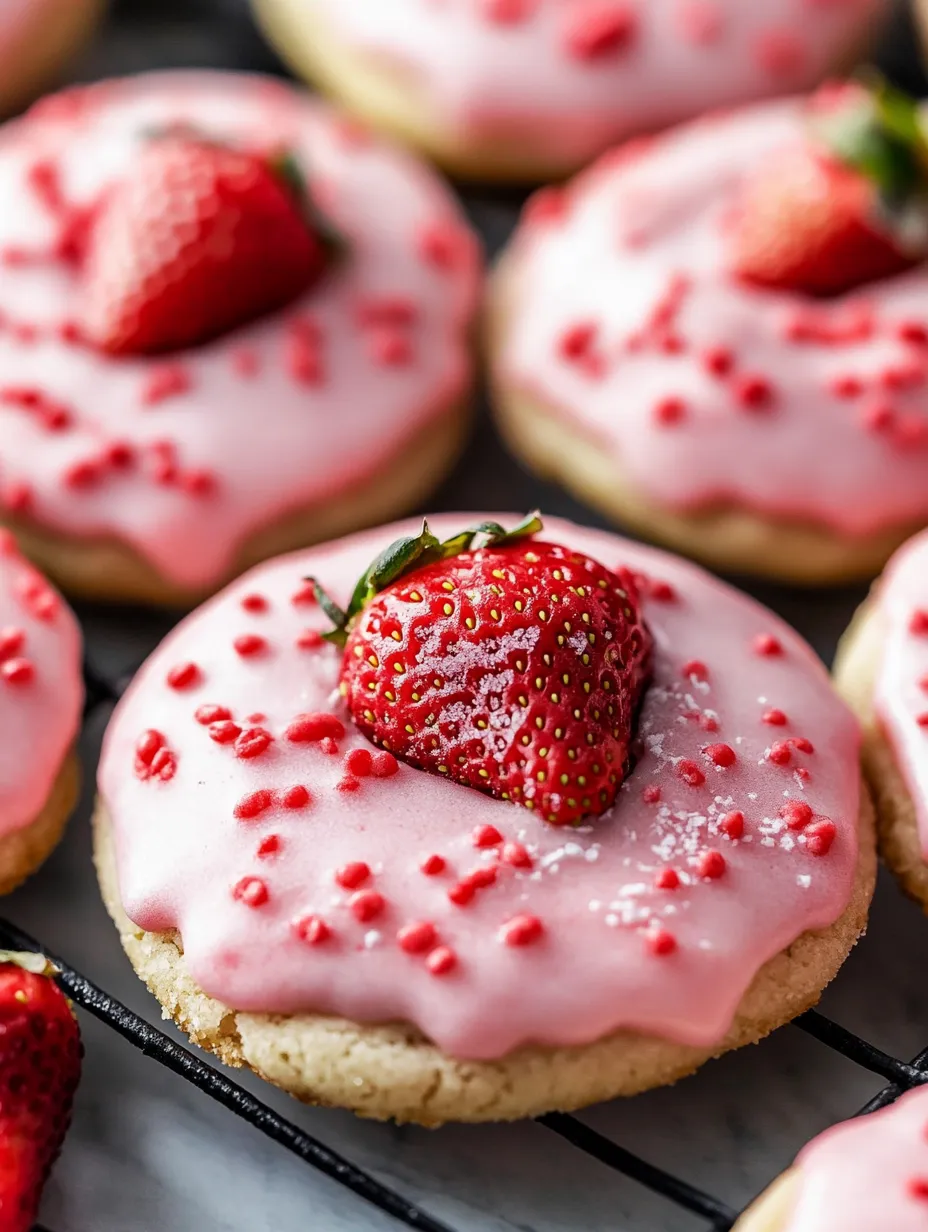 A plate of pink cookies with strawberries on top.