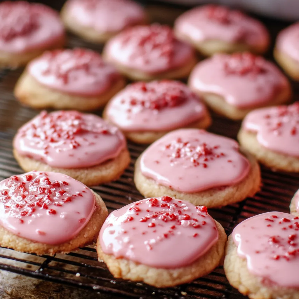 A tray of pink cookies with red sprinkles on a cooling rack.