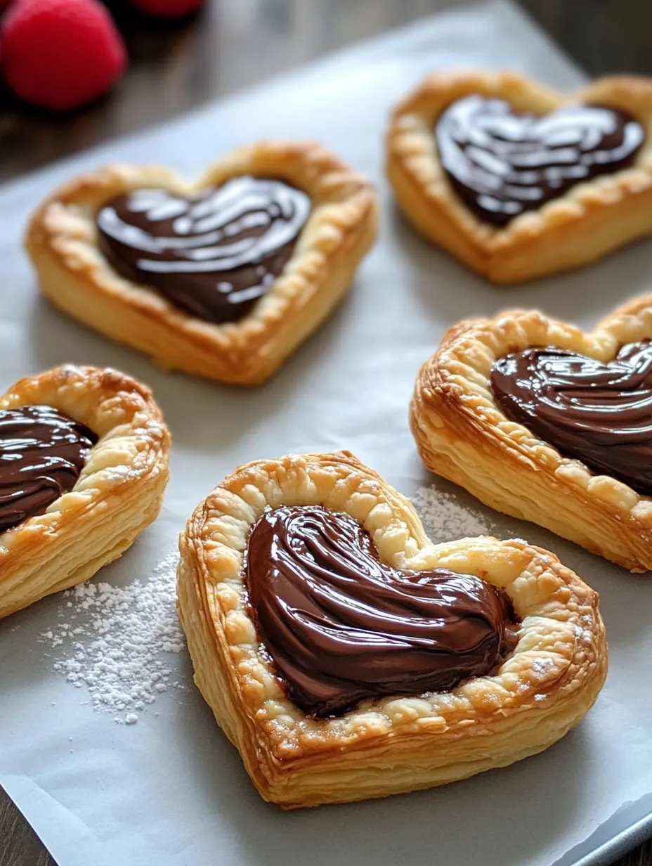 A plate of heart-shaped pastries with chocolate drizzled on top.