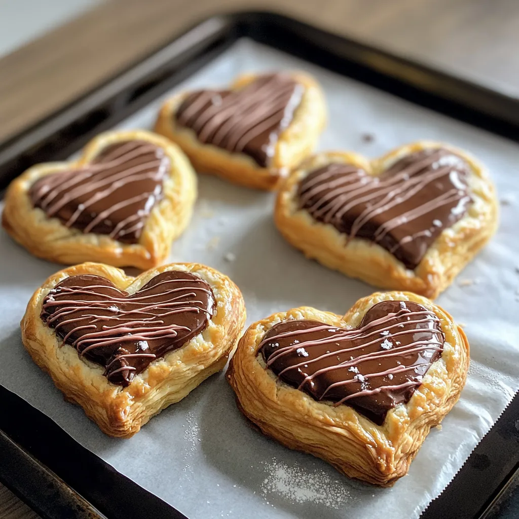 A tray of heart-shaped pastries with chocolate drizzle and powdered sugar.