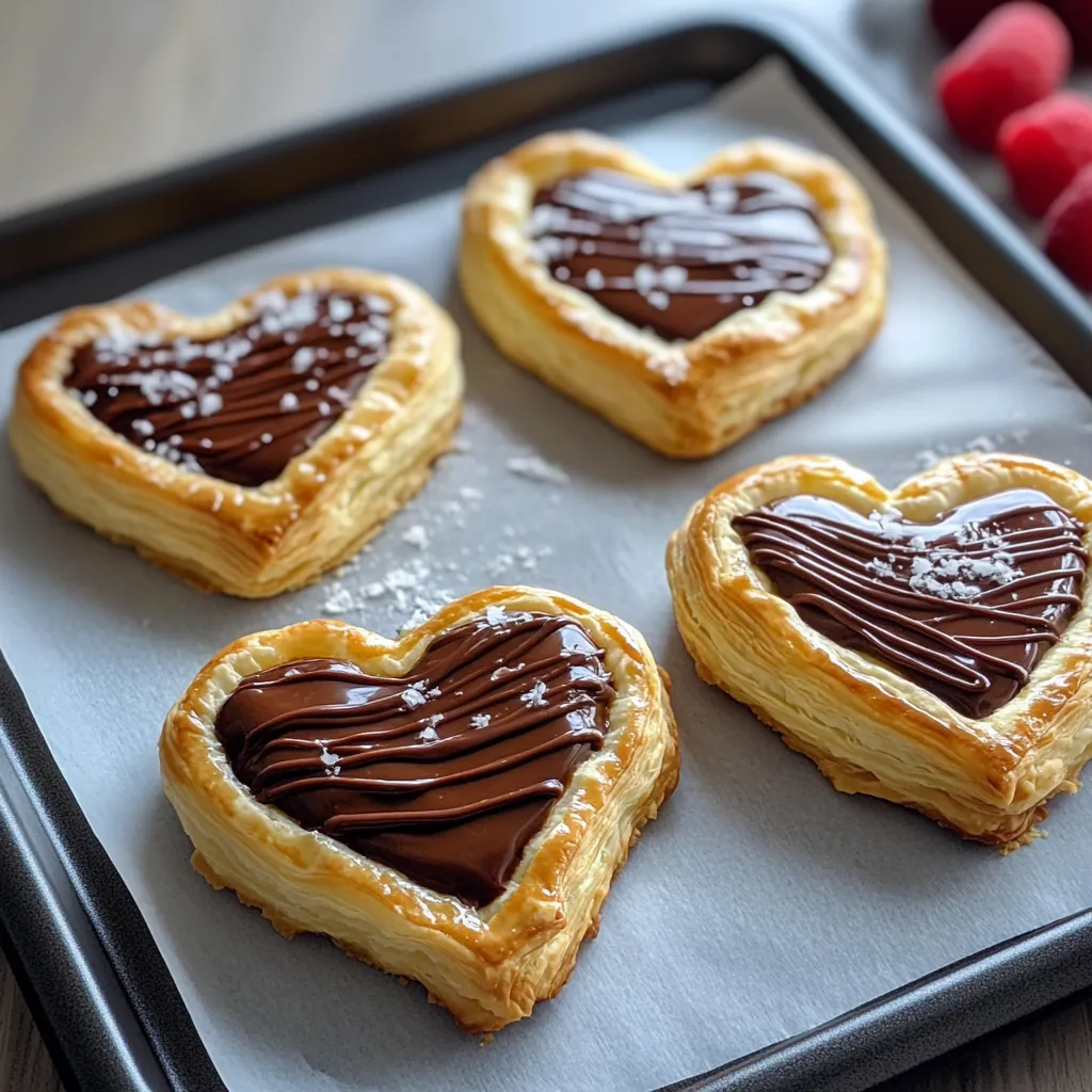 A tray of four heart-shaped pastries with chocolate drizzle and powdered sugar.