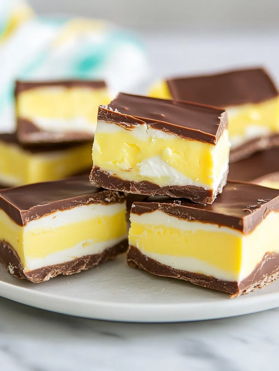 An assortment of desserts on a plate, featuring a slice of fudge with creamy white and yellow layers.