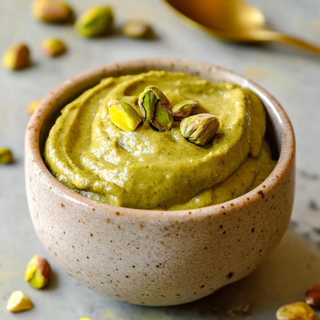 A green pistachio butter in a bowl with a sprinkle of nuts.