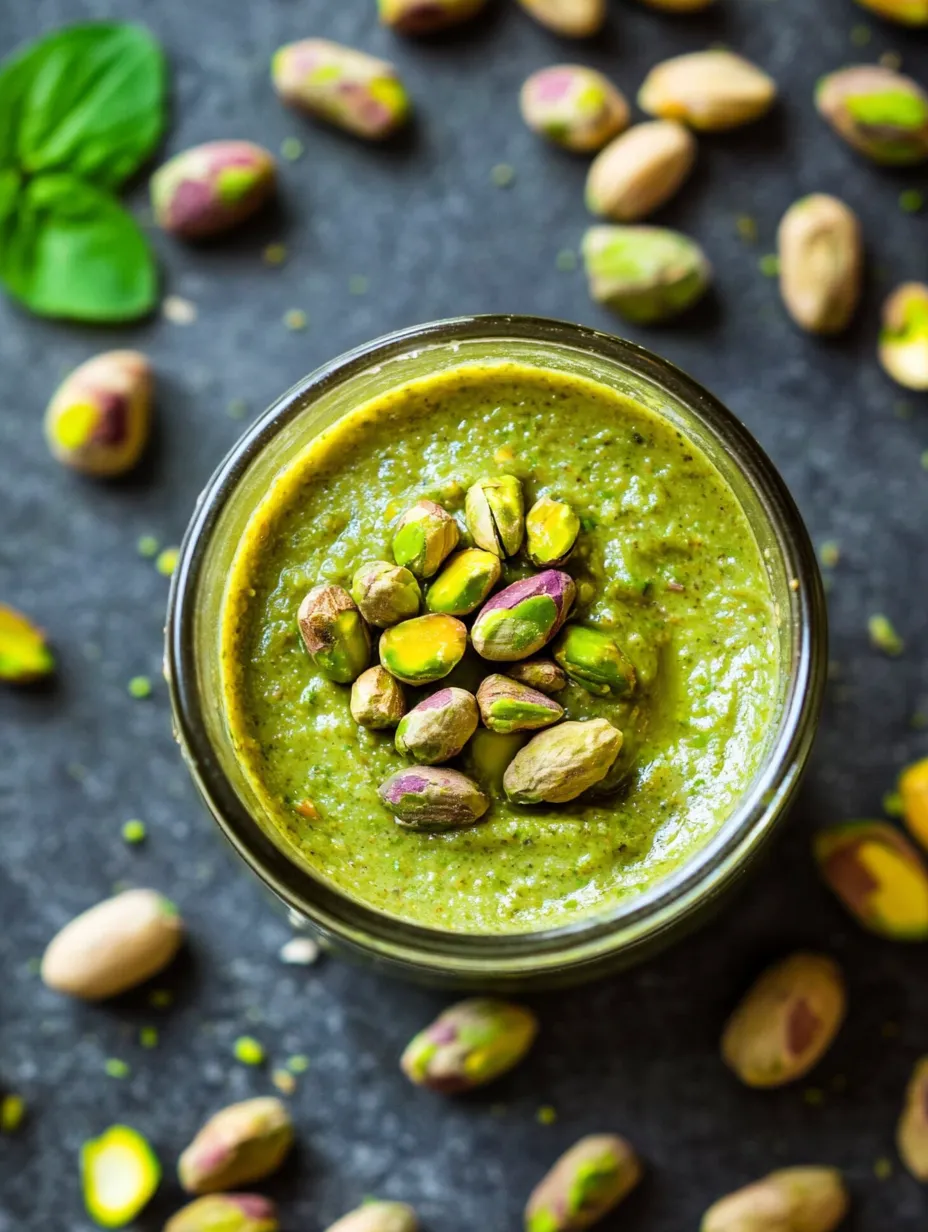 A glass of green pesto with pine nuts and almonds.