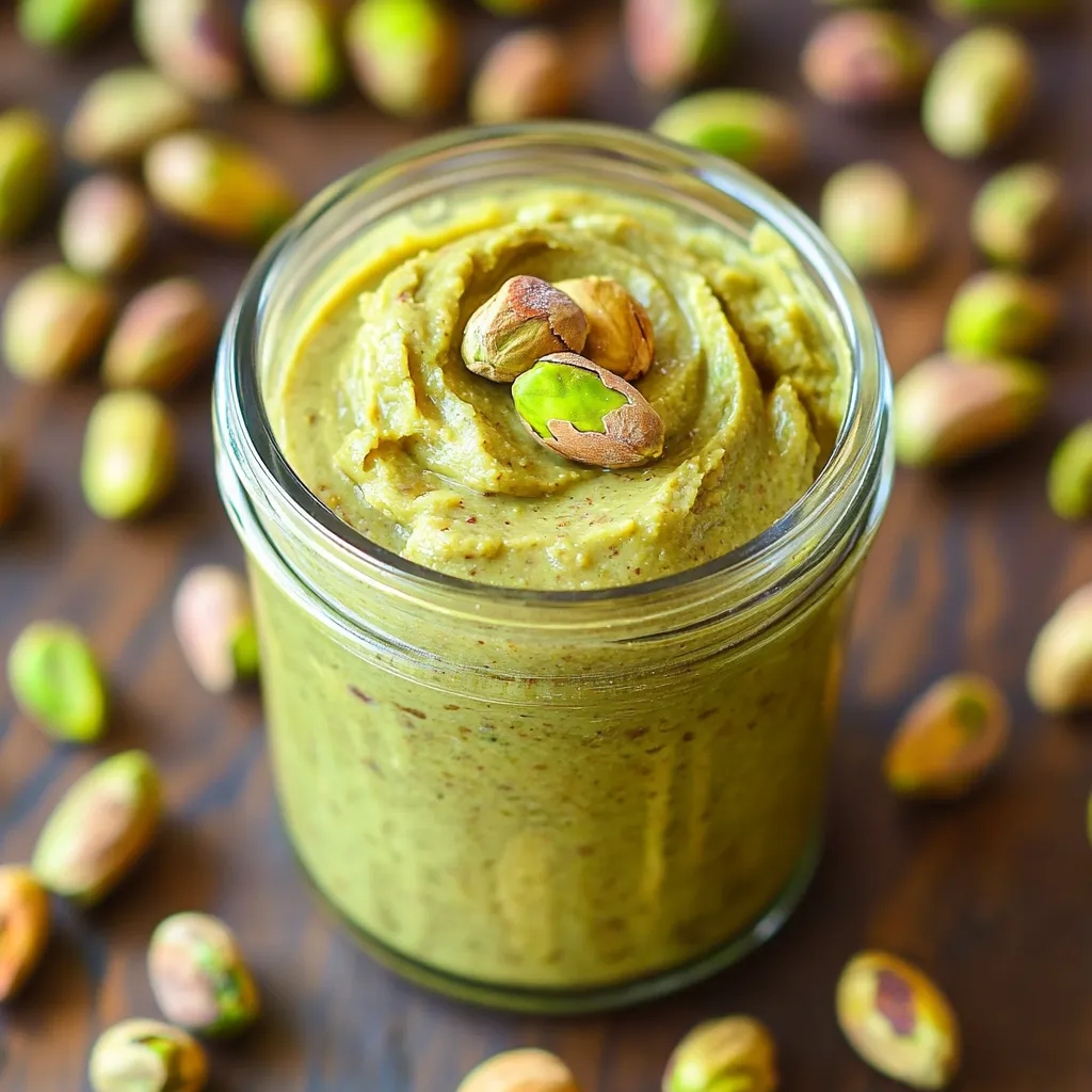 A jar of green pesto with a nut on top.