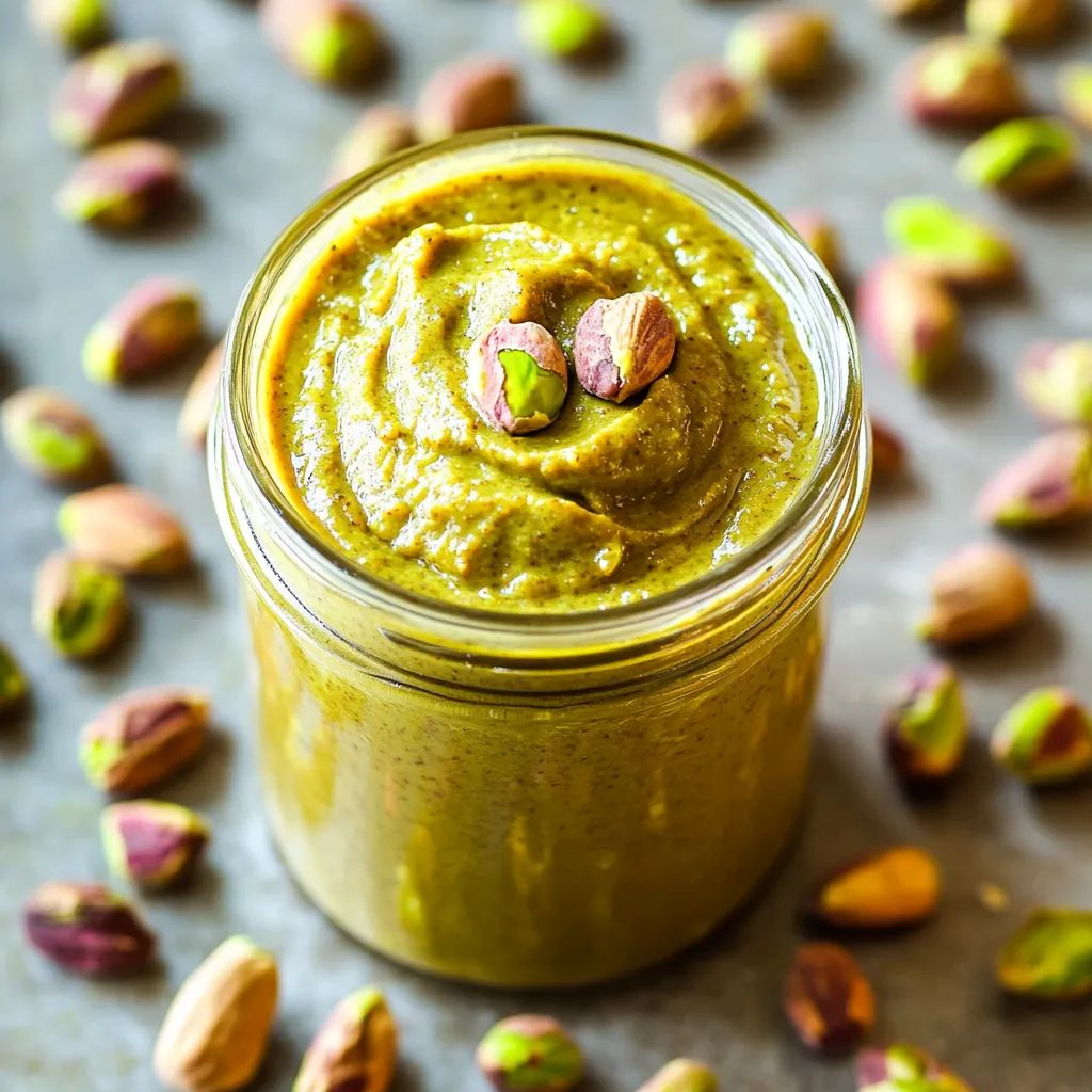 A jar of green sauce with a nut on top.