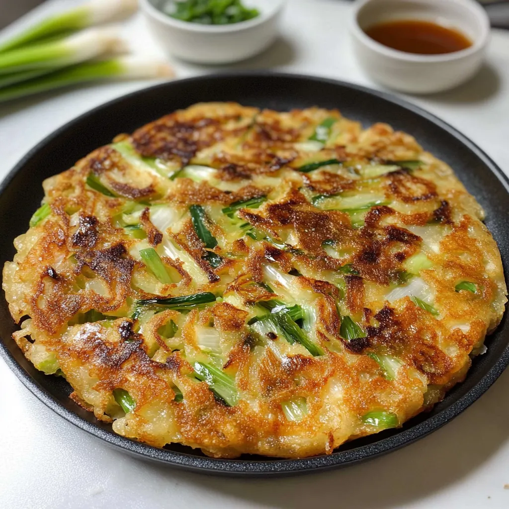 A mouthwatering, crispy pancake topped with fresh scallions.