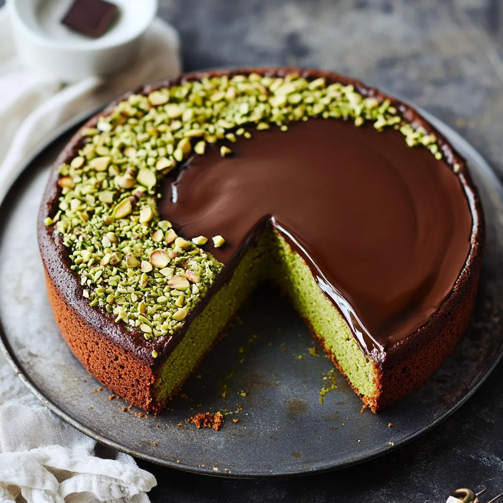 A slice of cake with chocolate and almonds on a plate.