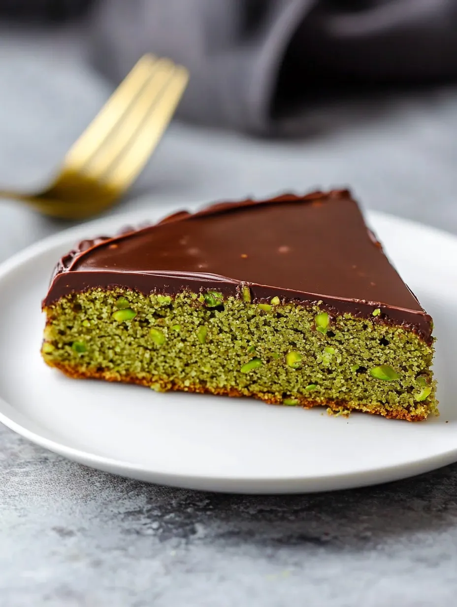 A slice of chocolate cake with green pistachio nuts on top.