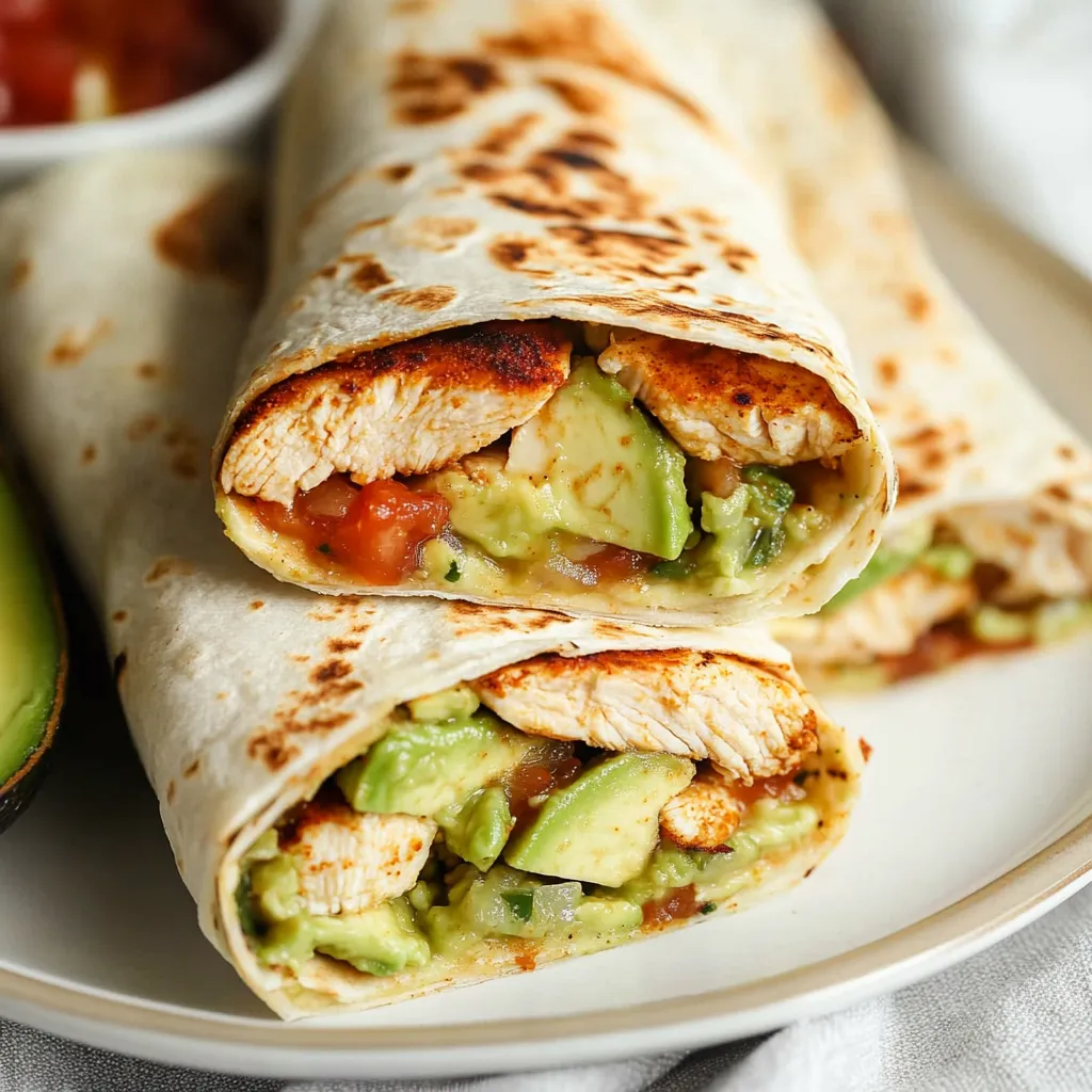 A delicious plate holding two chicken wraps alongside a bowl of salsa.