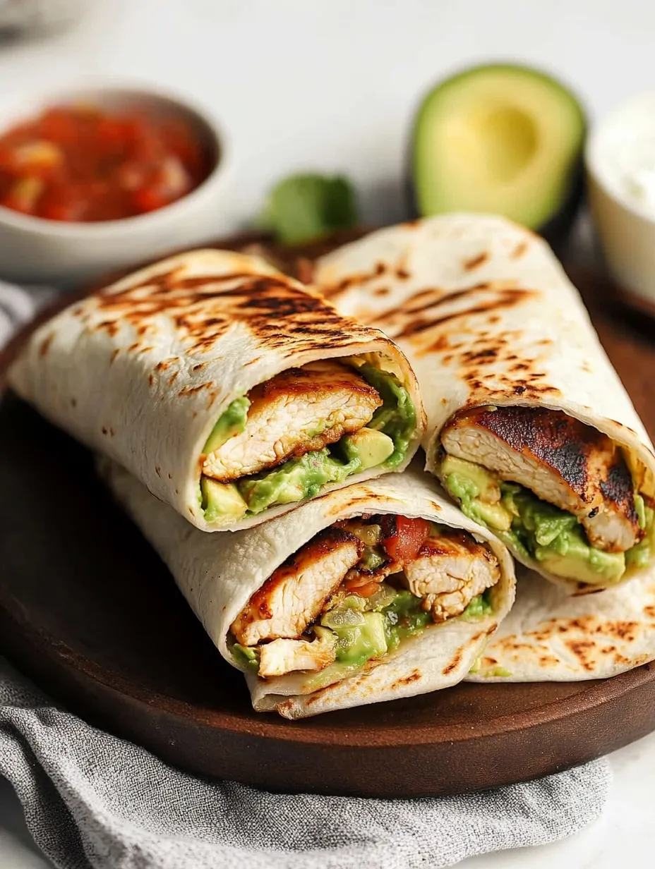 A delicious chicken burrito with avocado and salsa.