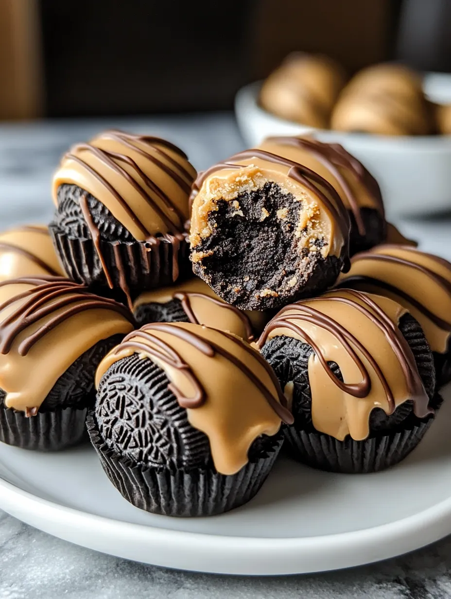 A plate of chocolate cupcakes with peanut butter and caramel toppings.