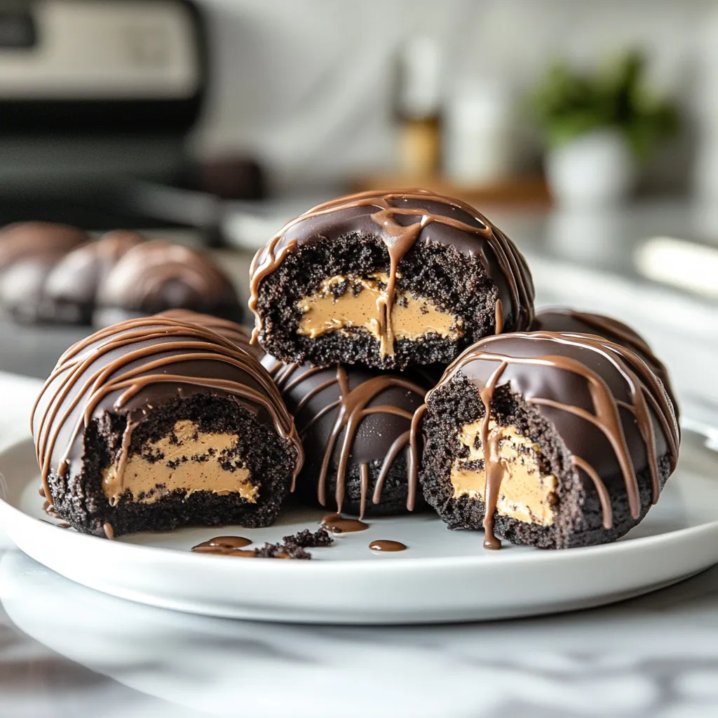 A plate of chocolate cake with peanut butter filling is displayed on a counter.