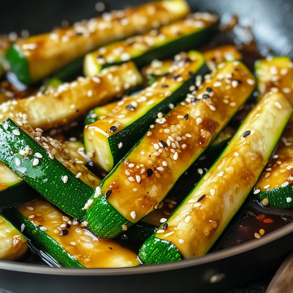 A pan of zucchini with sesame seeds and sauce.