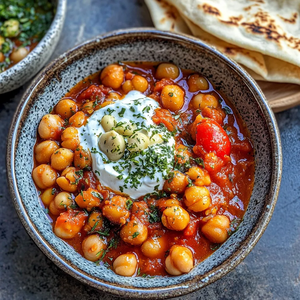 A vibrant bowl of chickpea stew topped with yogurt and herbs.