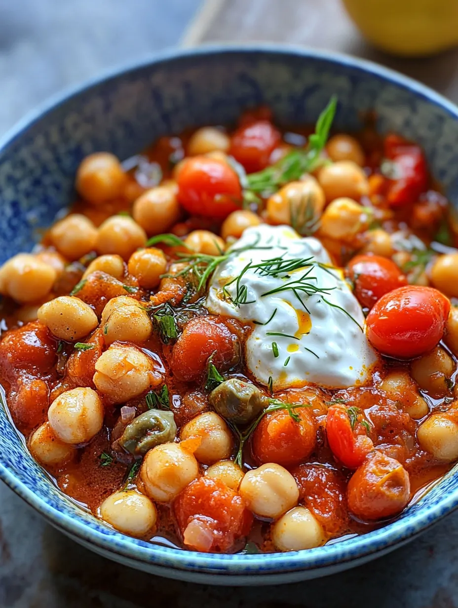 A bowl of soup with tomatoes, beans, and herbs.