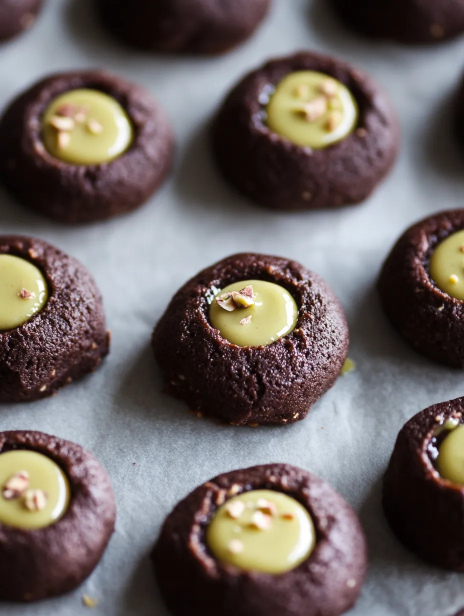 A dish filled with chocolate cookies topped with green pistachio crumbs.