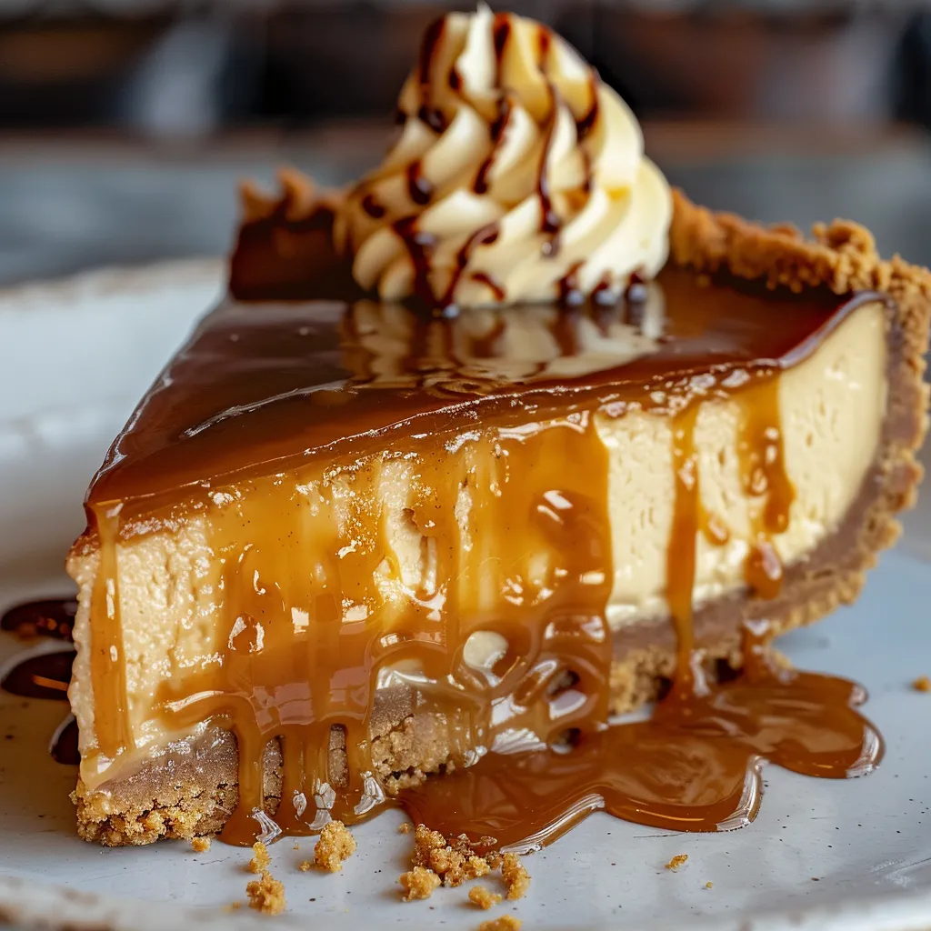 Cheesecake slice topped with caramel drizzle.