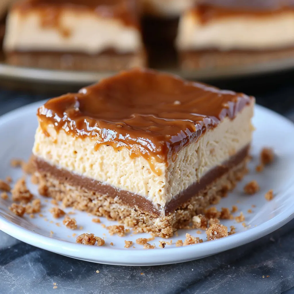 A creamy caramel-topped dessert square on a white dish.