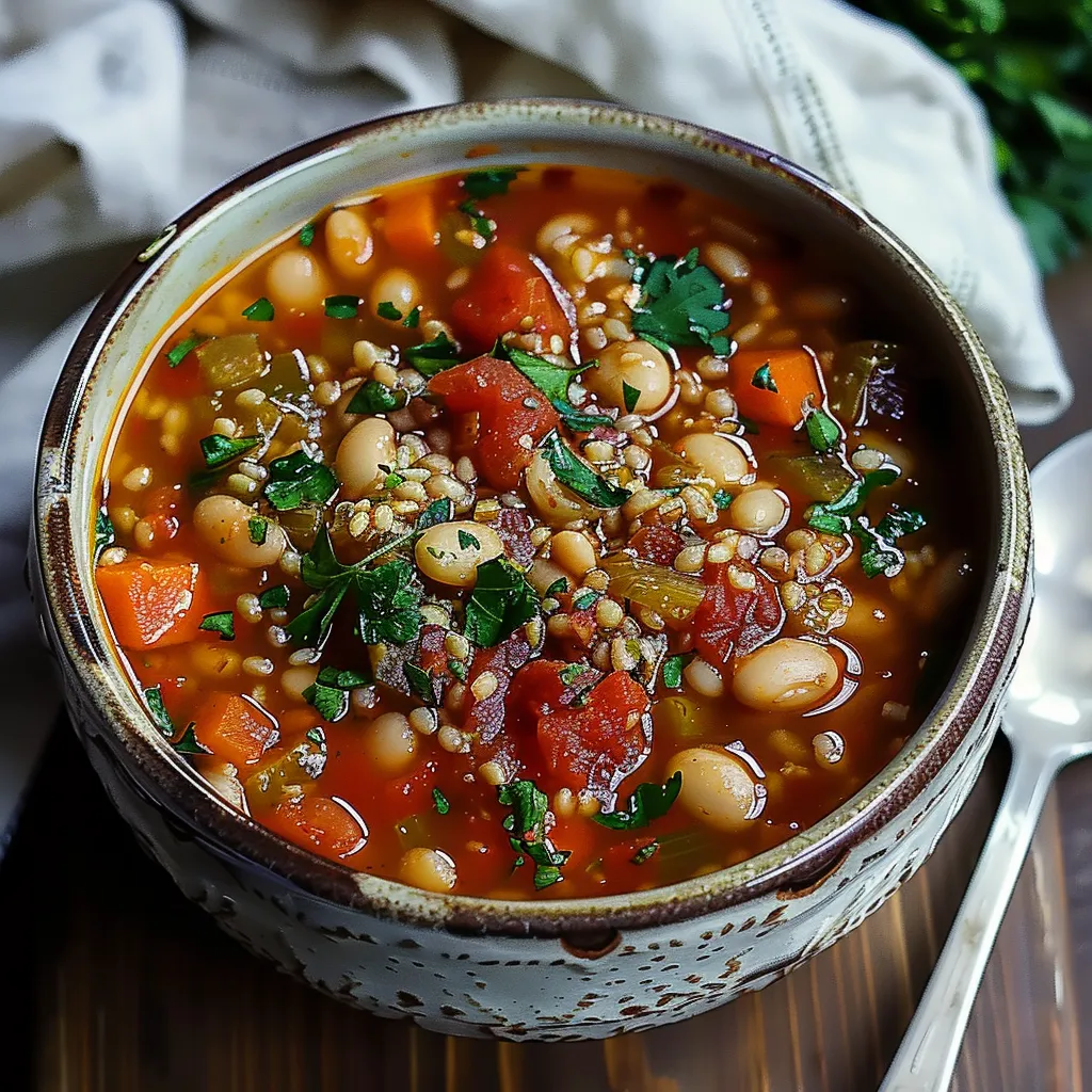 A hearty bowl of beans, carrots, and tomato broth.