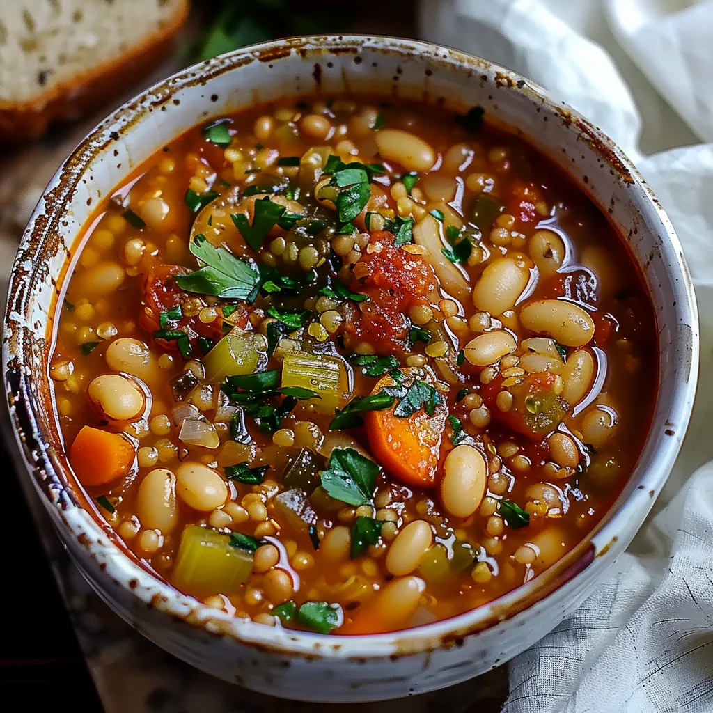 A bowl of soup with vegetables and beans.