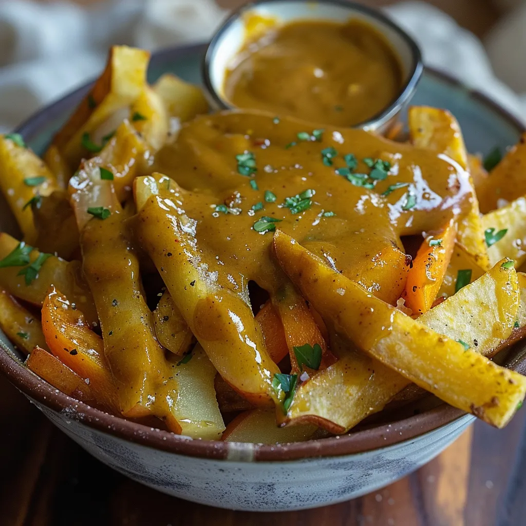 Fries in a bowl topped with brown curry sauce.