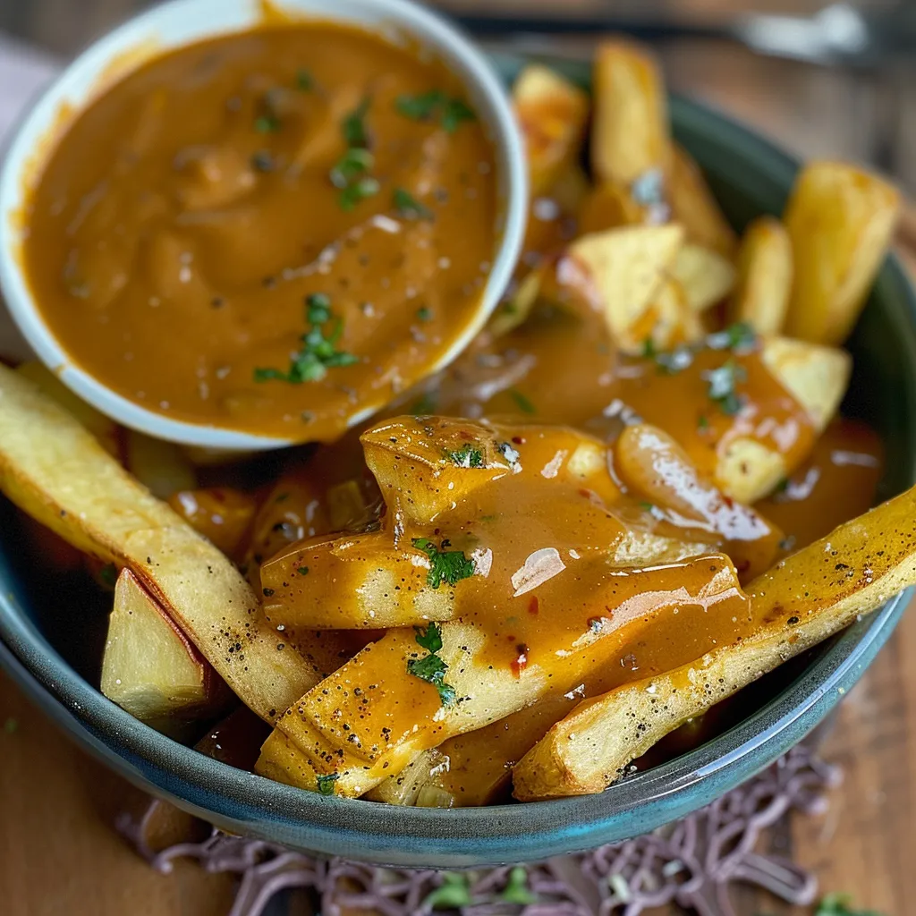 A bowl of fries with a dipping sauce.