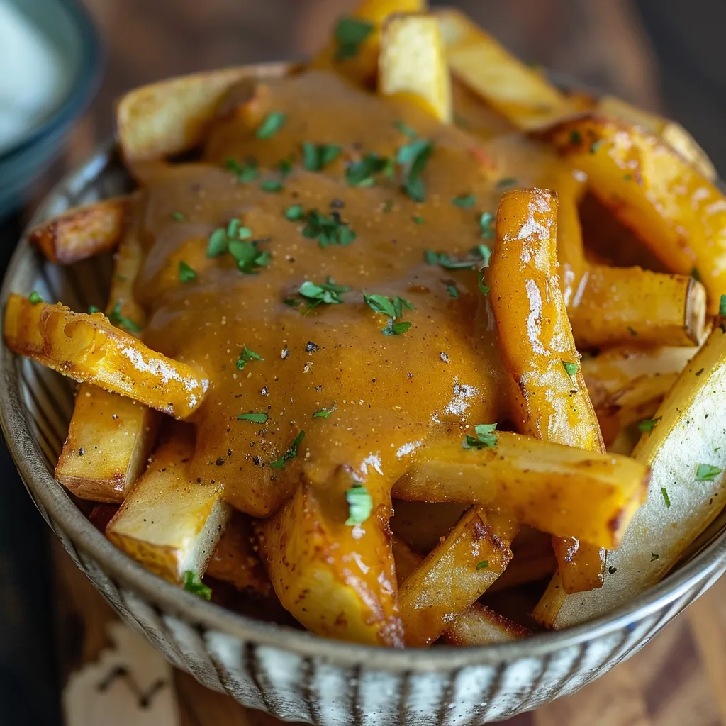 A bowl of fries with a brown sauce on top.