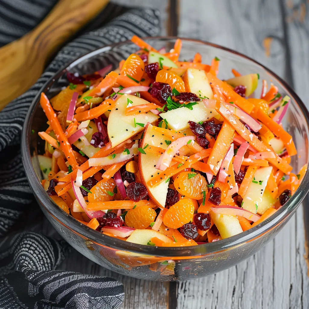 A mix of fresh apples, carrots, and mandarins in a bowl on a table.