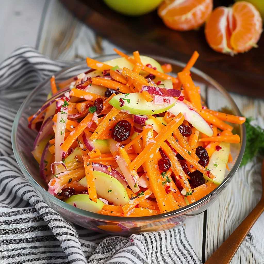 A bowl of vegetables, including carrots and apples, sits on a table.