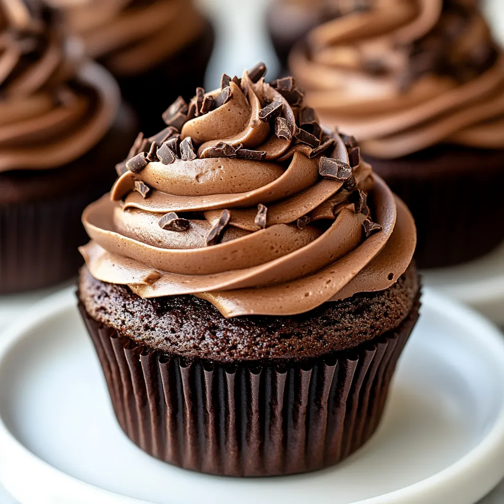 A chocolate cupcake topped with creamy frosting.