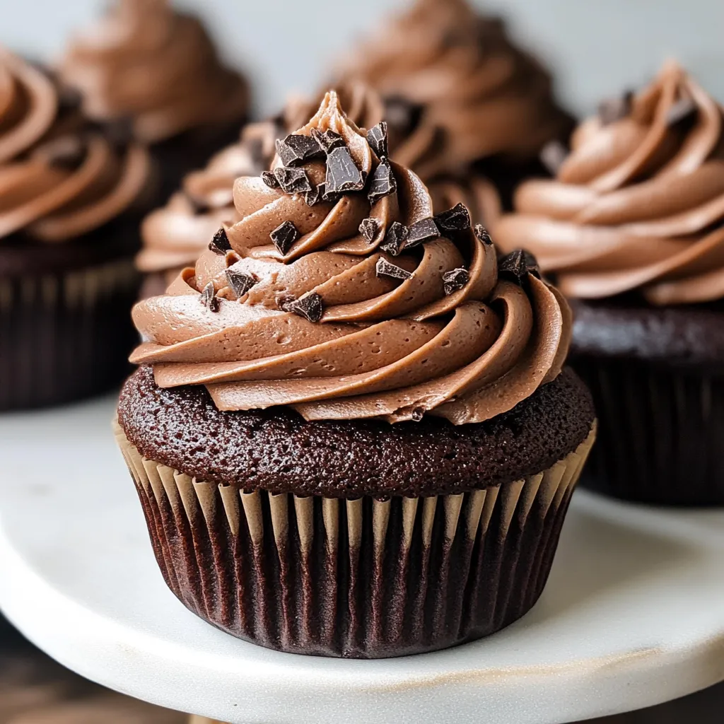 A chocolate cupcake with chocolate frosting.