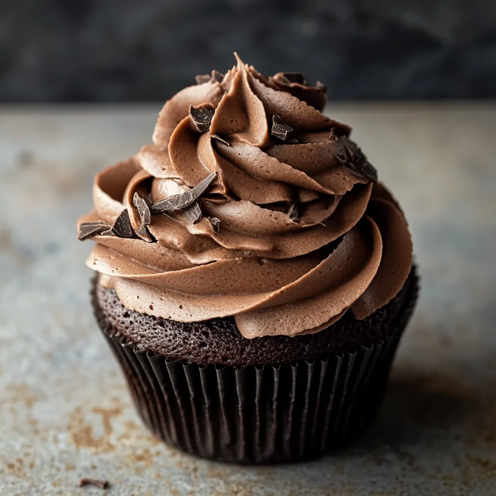 A chocolate cupcake with chocolate frosting.