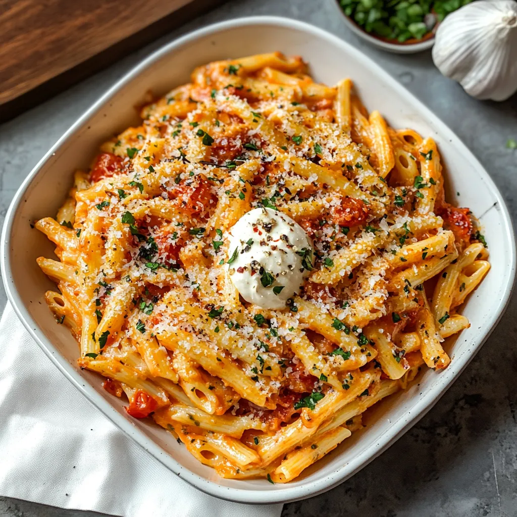 A bowl of creamy sauce pasta topped with herbs.